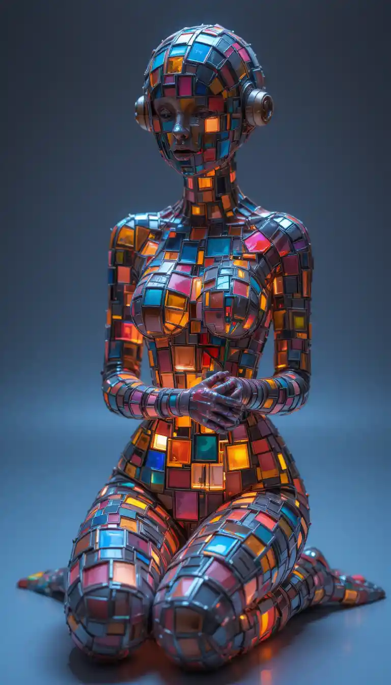 Abstract feminine figure of colorful blocks holding a rose