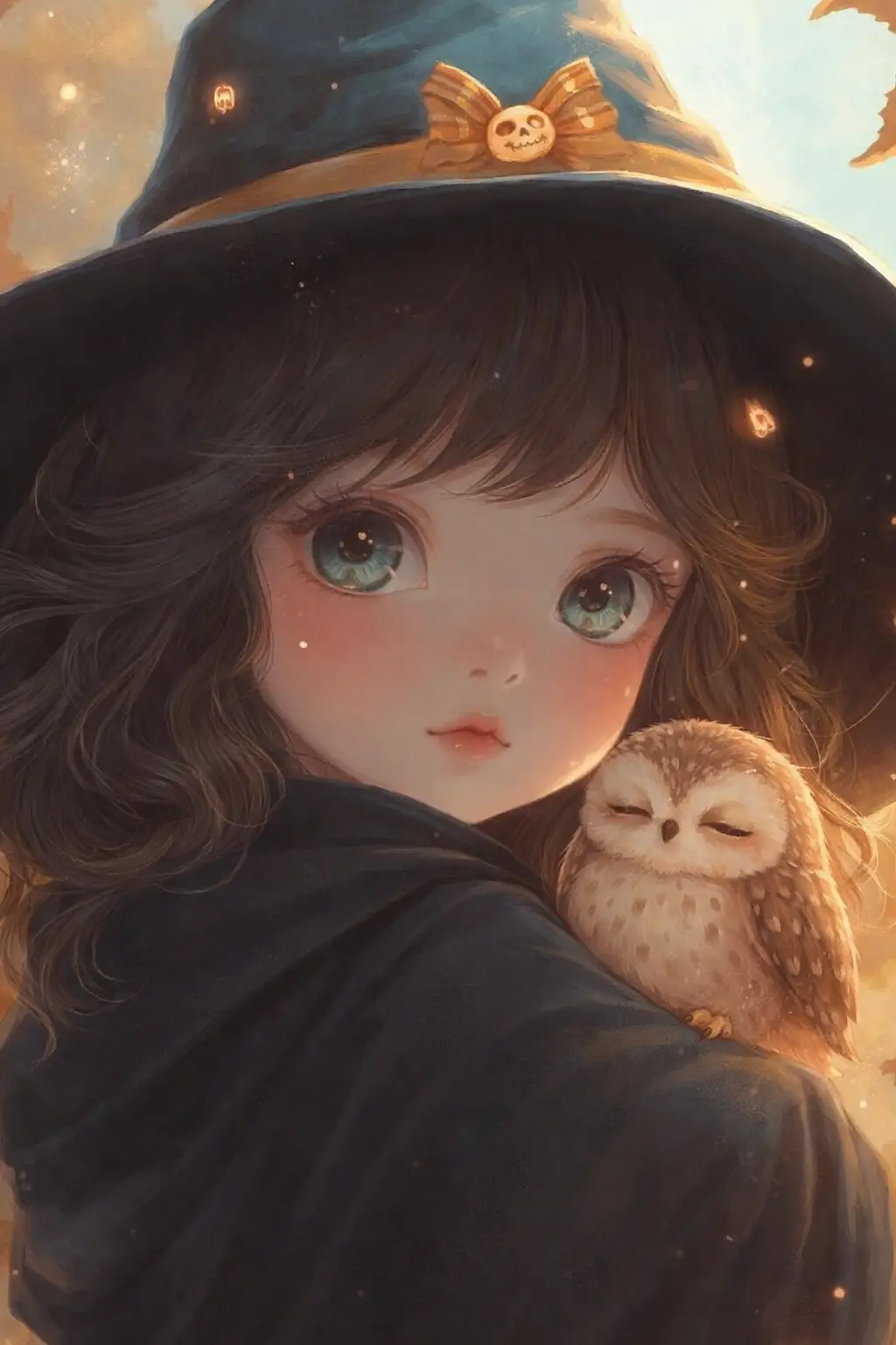 Cute sleepy anime owl gently perched on her arm