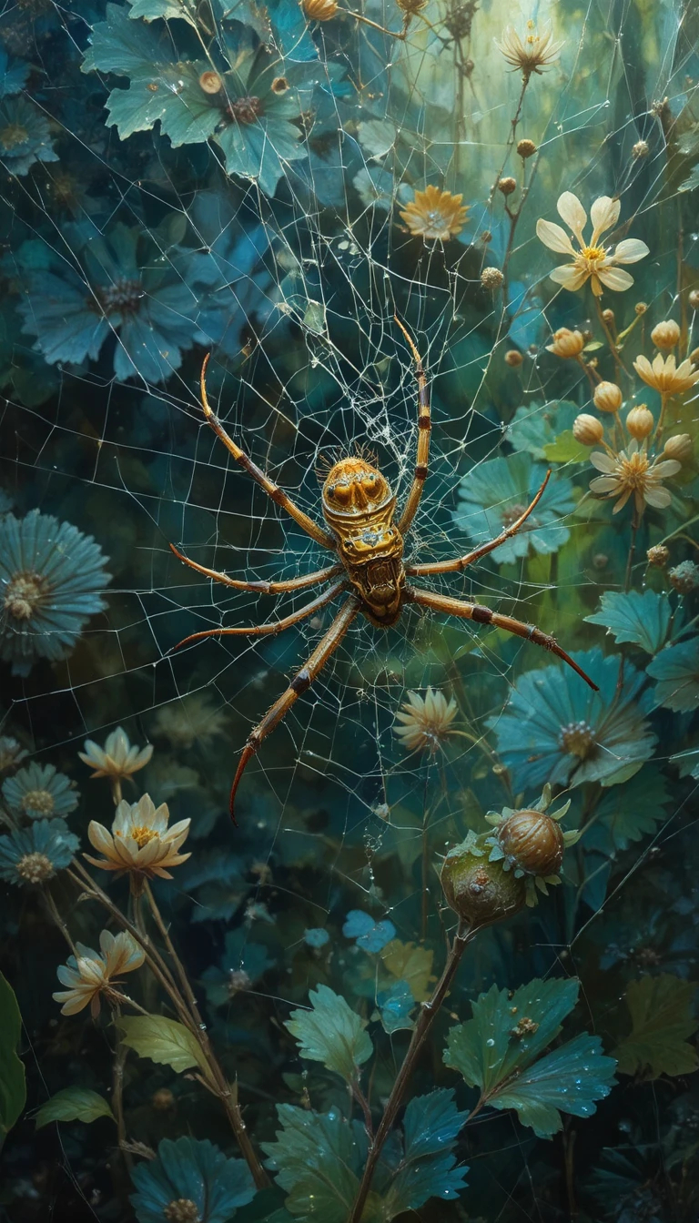 Tiny insect trapped in a web amid impressionist vegetation