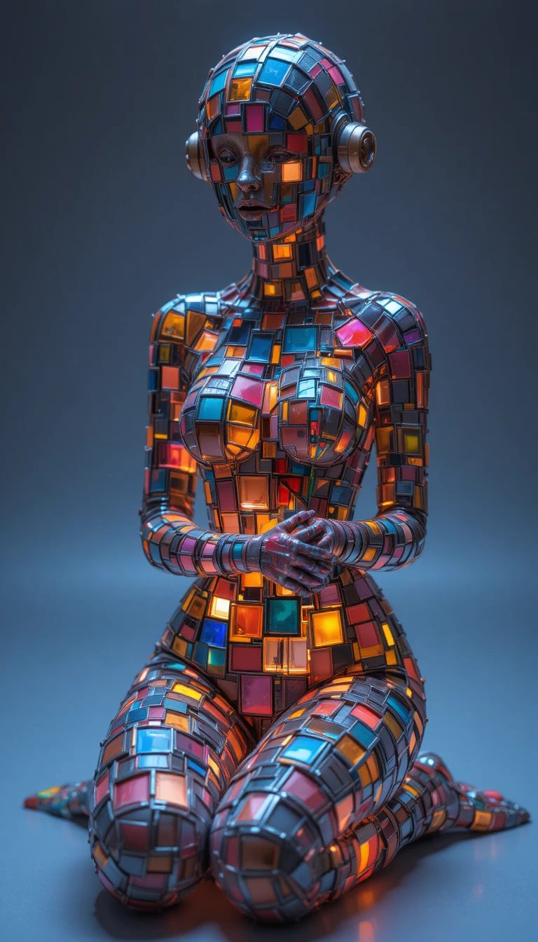 Abstract feminine figure of colorful blocks holding a rose