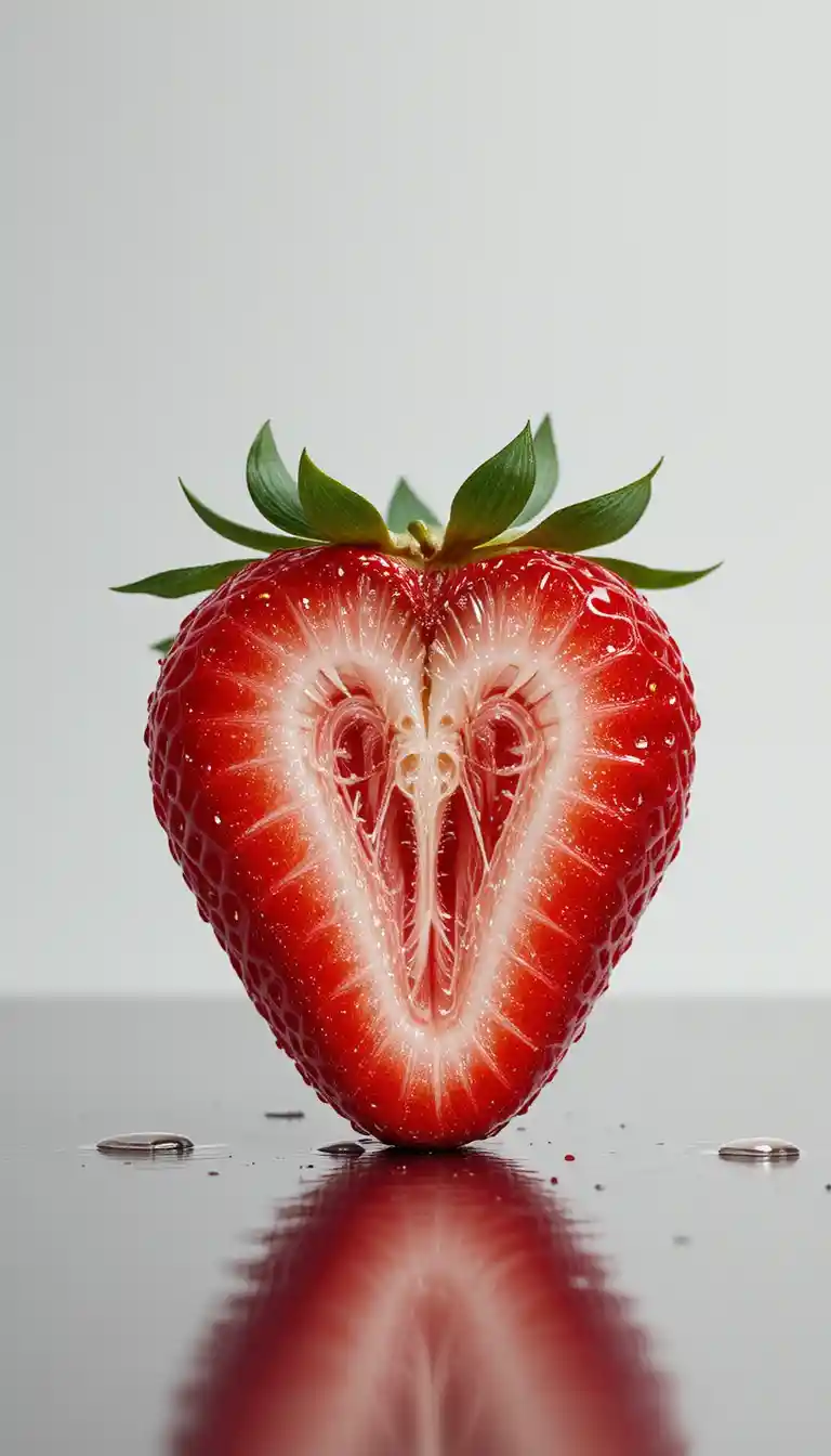 Close up strawberry half with skull like veins and water drops