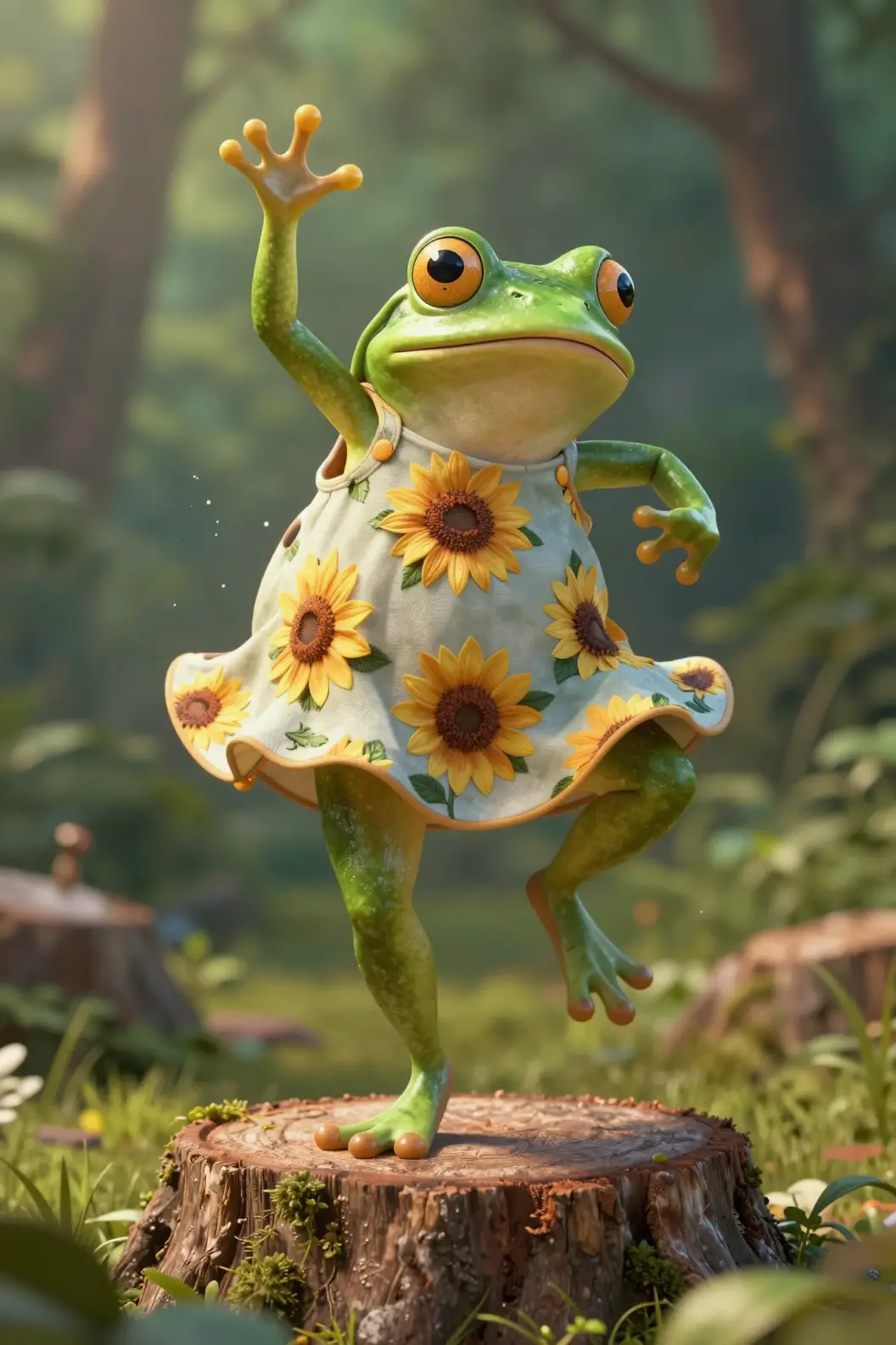 Anthropomorphic Frog Dancing On A Forest Tree Stump