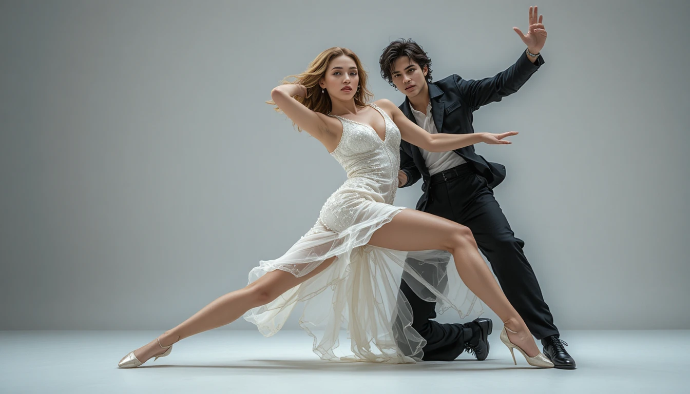 Low angle fashion dance portrait of stylish couple