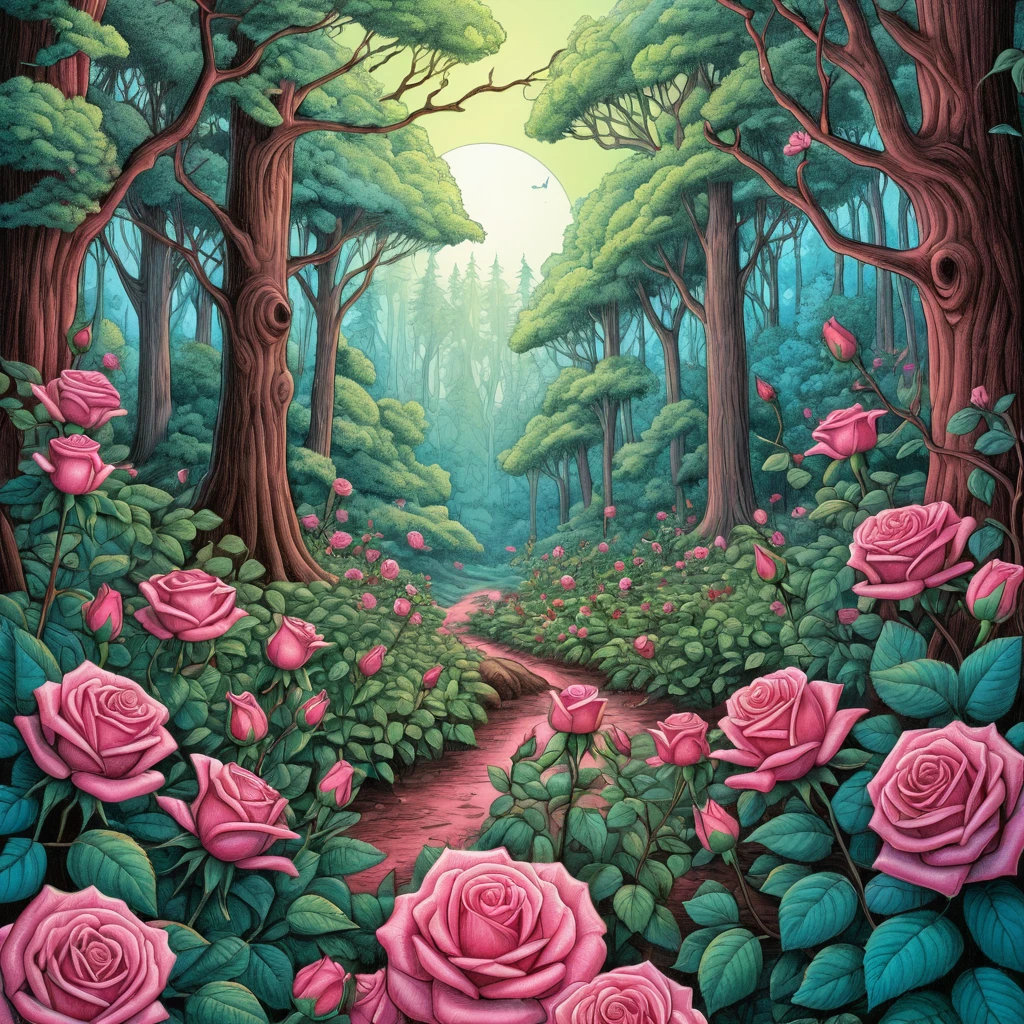 Cartoon forest surrounded by vibrant pink roses illustration