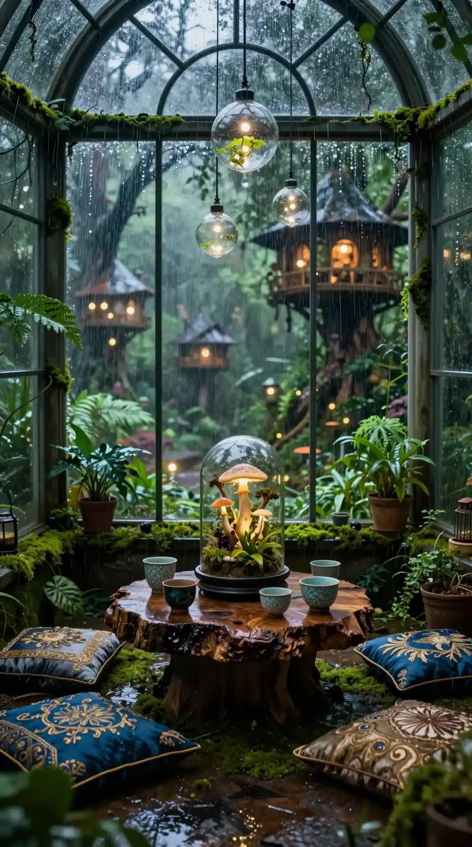 Mystical conservatory table with glowing terrarium under rain