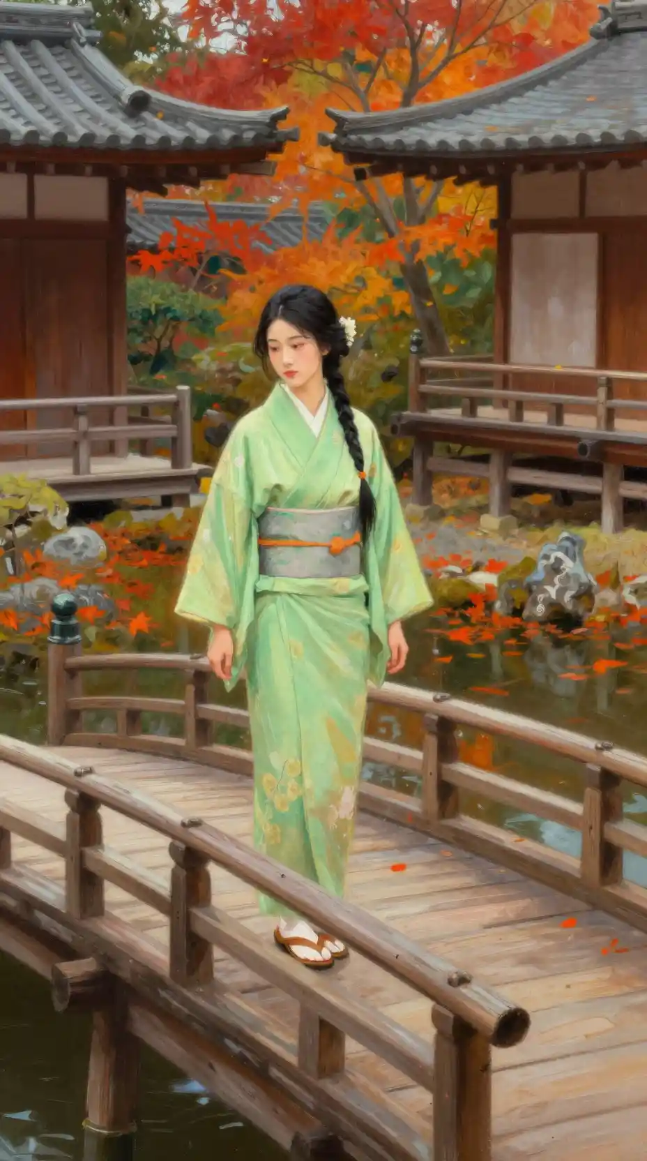 Elegante Frau auf Brücke in ruhigem japanischen Garten