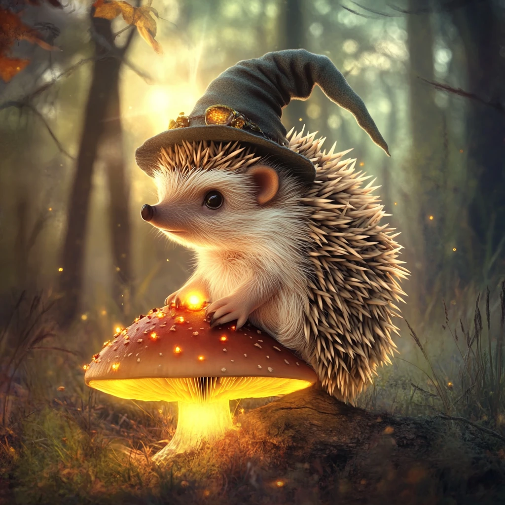 Cute fantasy hedgehog wizard on a glowing forest mushroom