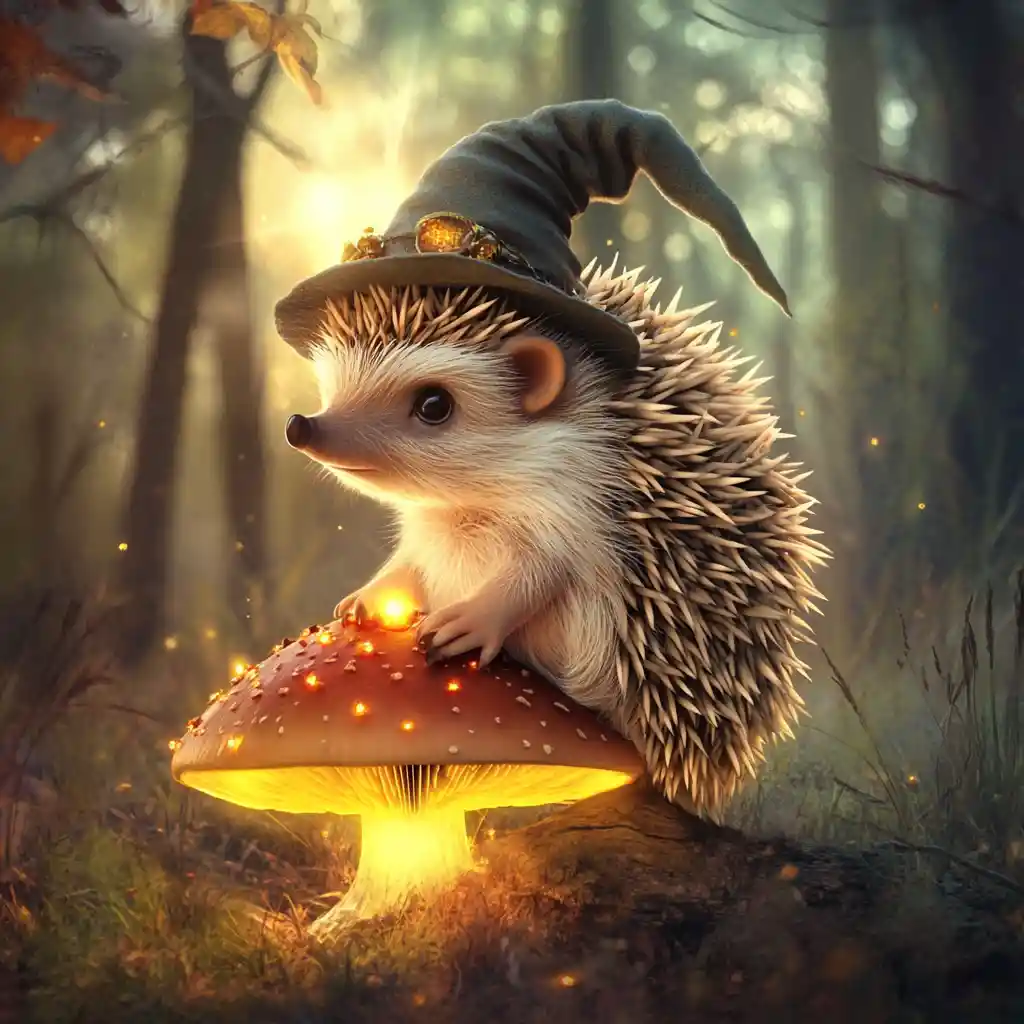 Cute fantasy hedgehog wizard on a glowing forest mushroom