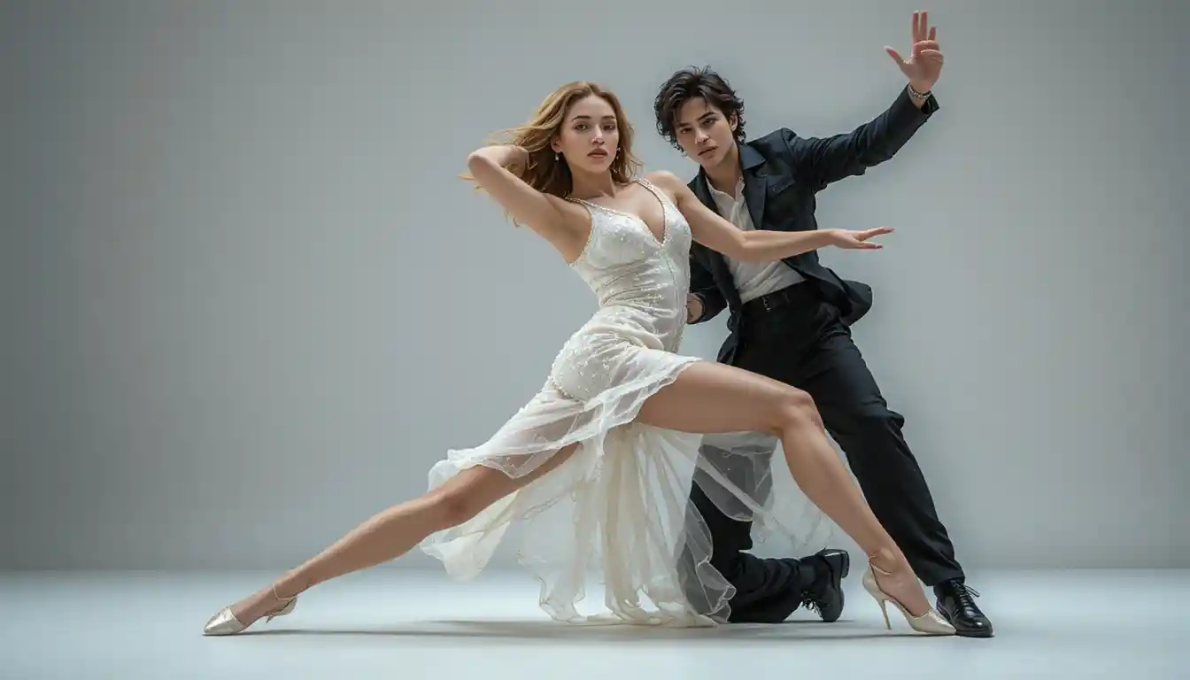 Low angle fashion dance portrait of stylish couple