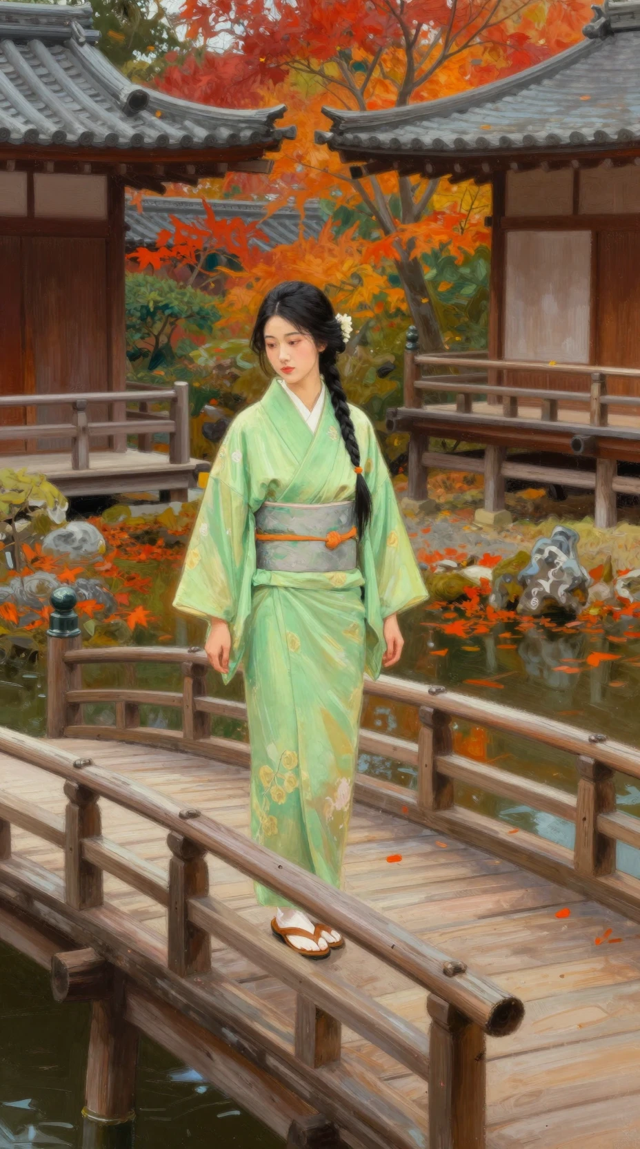 Elegant woman on bridge in tranquil Japanese garden