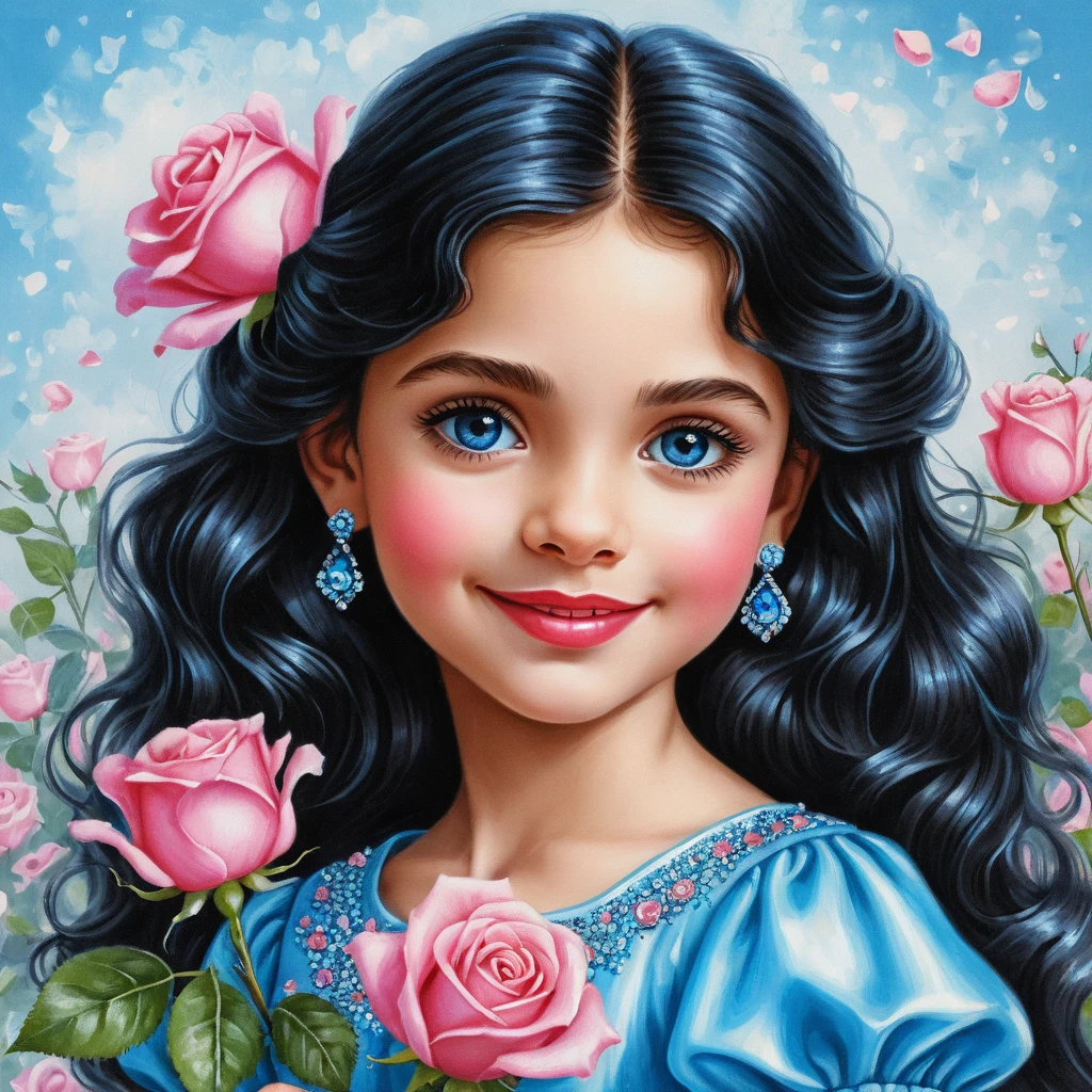 Smiling girl with roses in a blue glitter dress
