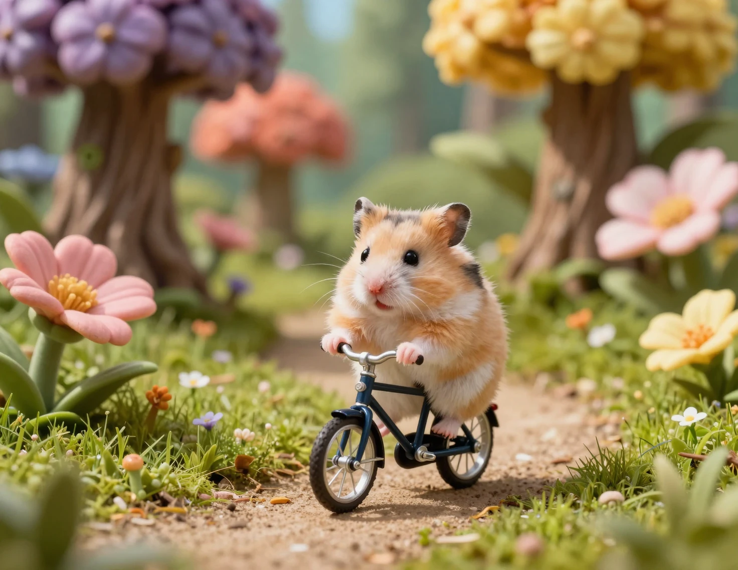 ファンタジーの森の小道を自転車で走る小さなハムスター
