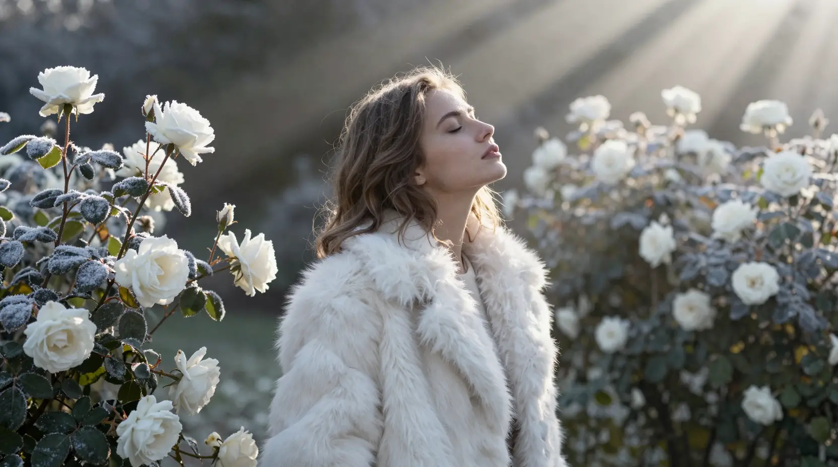Young woman in frosted rose garden with winter sunlight