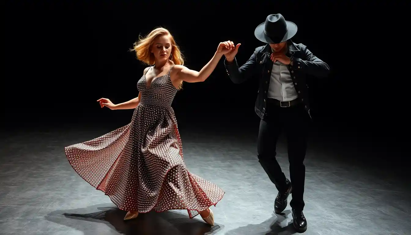 Prise de vue de danse mode en contre-plongée d’un couple stylé en studio