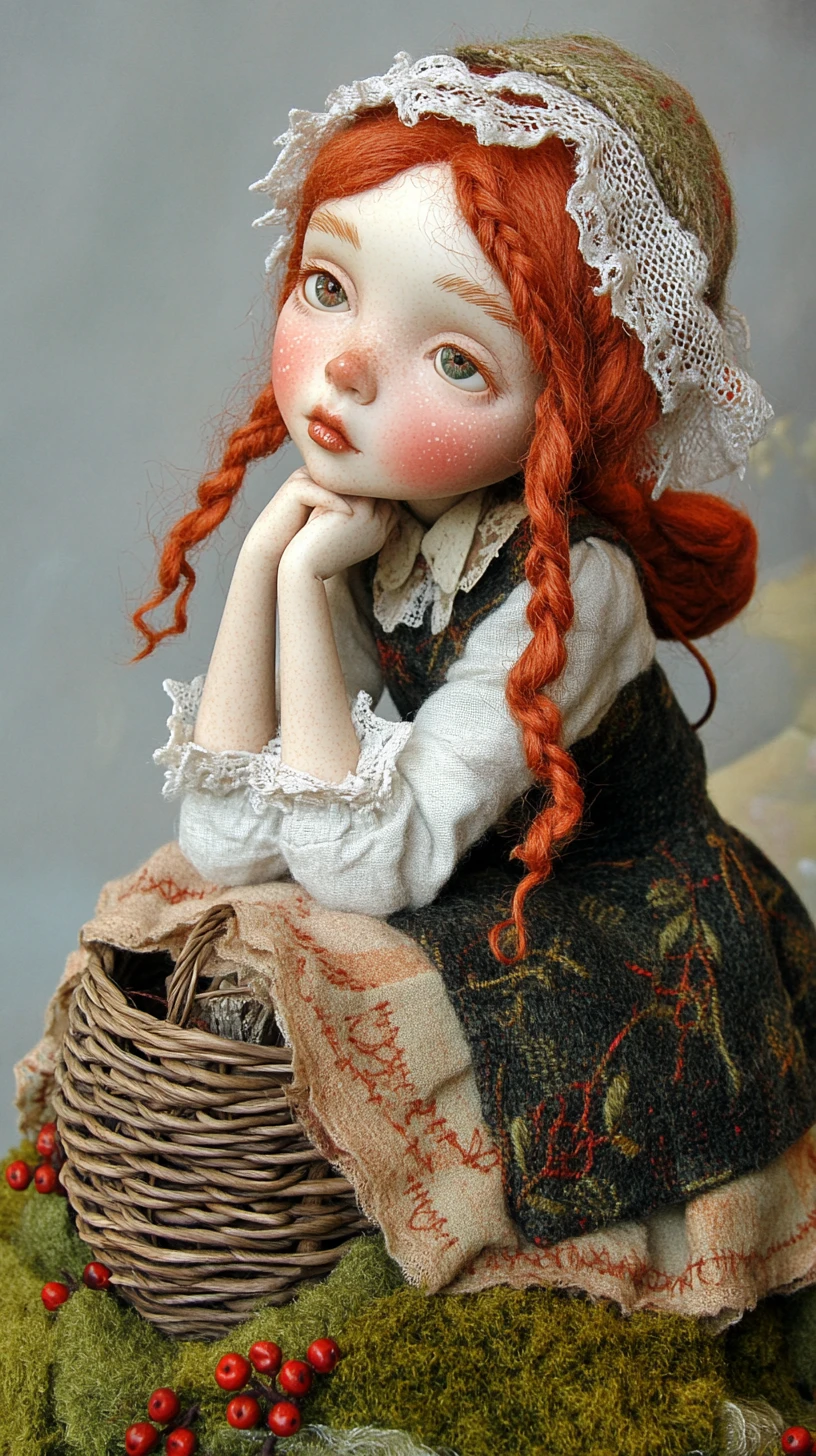 Rustic textile doll with basket on grassy base