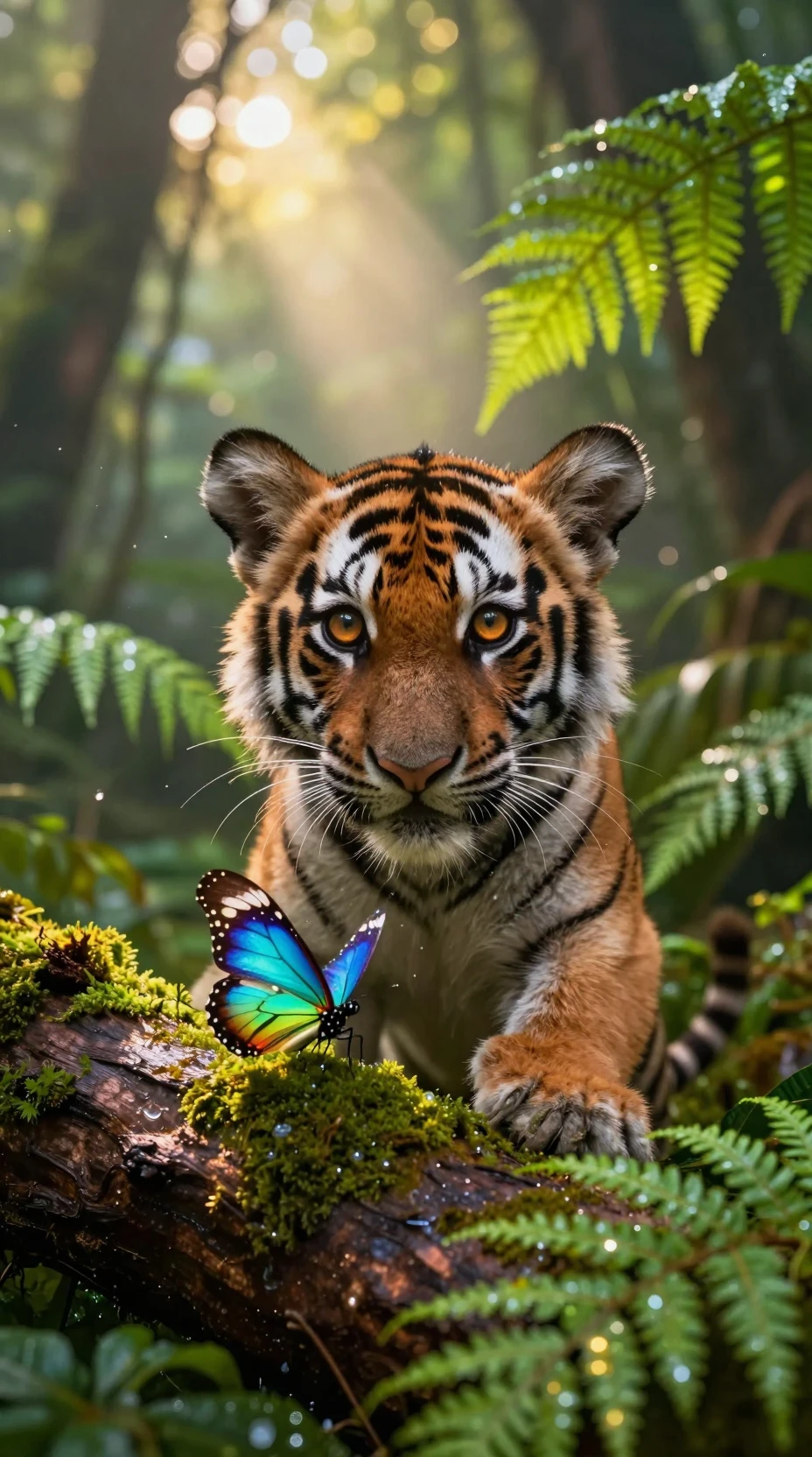 Curious tiger cub with glowing butterfly in jungle light