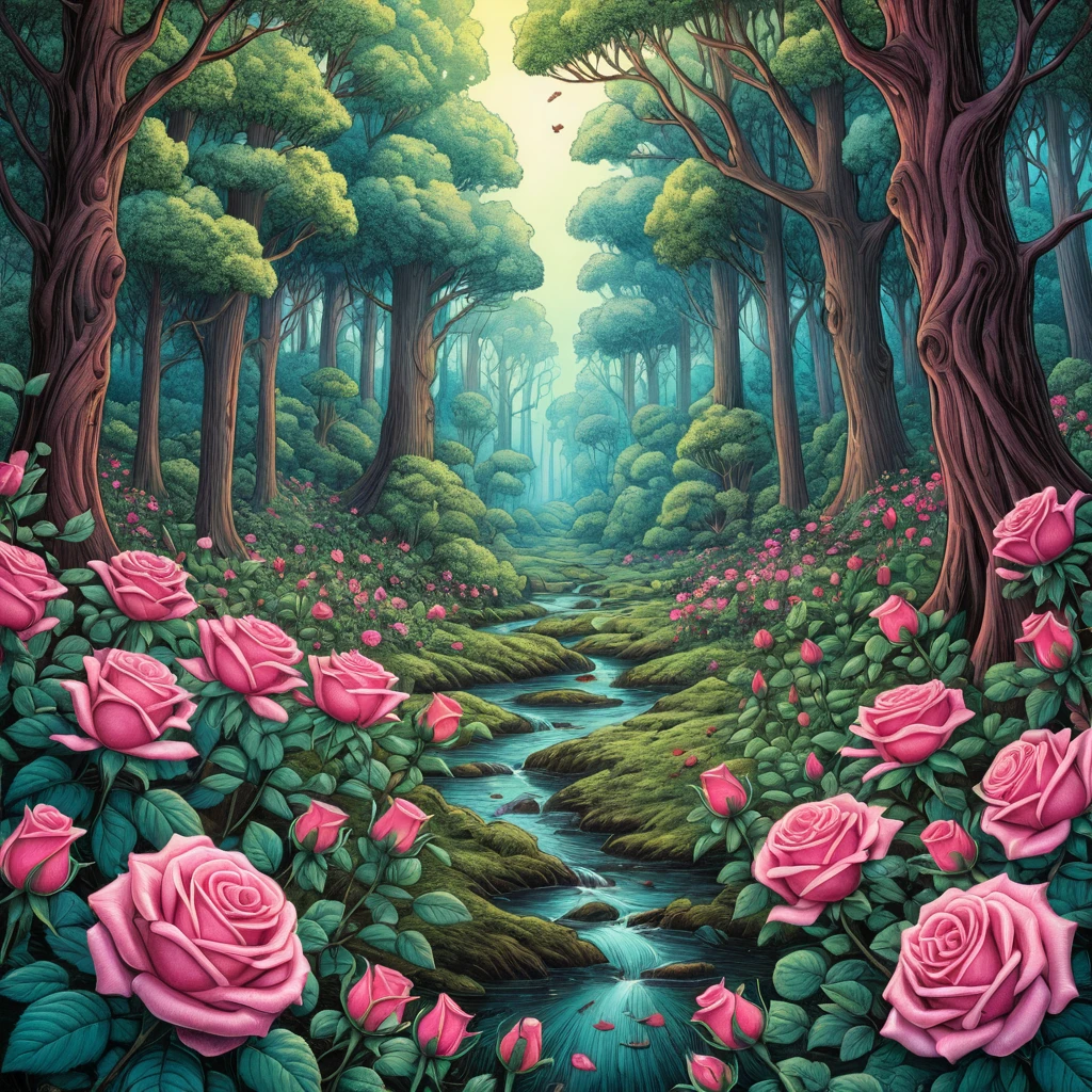 Vibrant forest surrounded by pink roses in colored pencil
