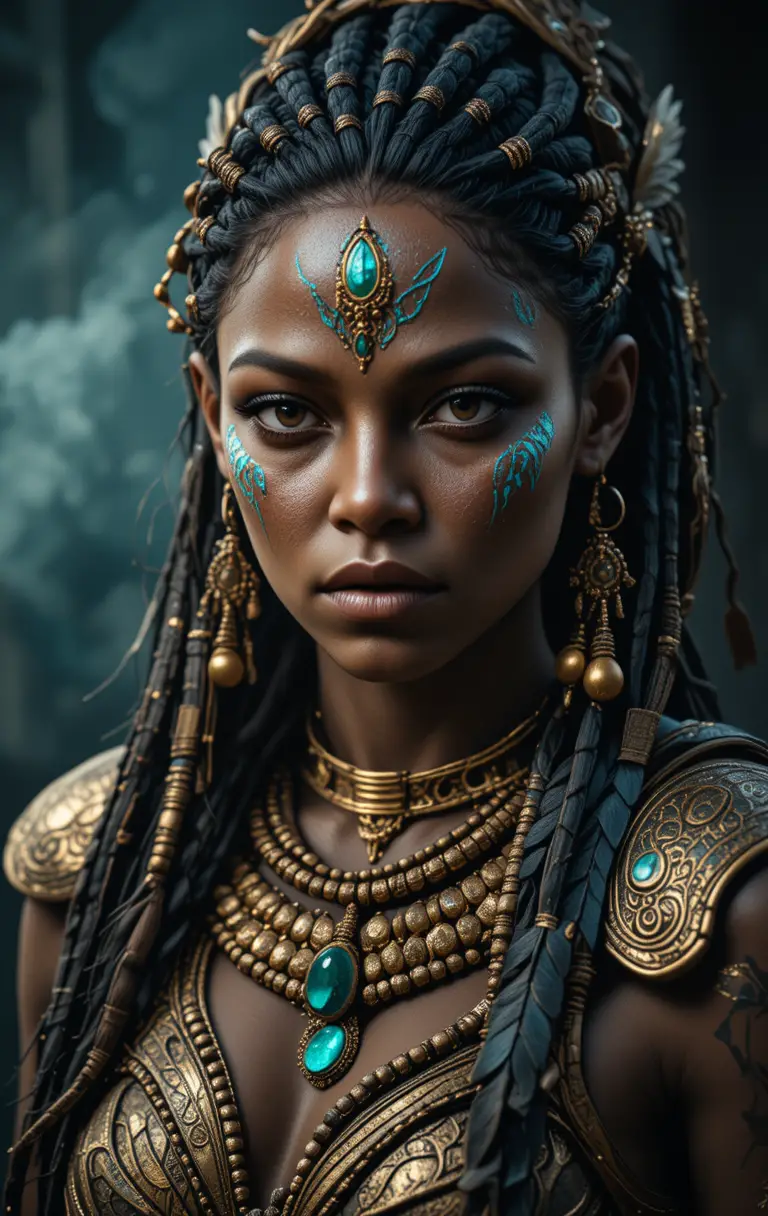 Rainha guerreira tribal com marcas rituais em turquesa e tranças