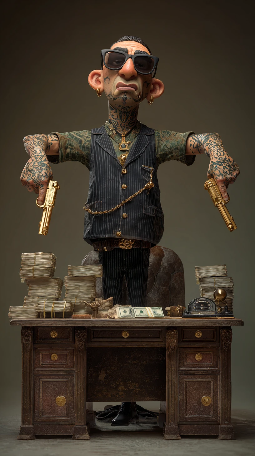 Tattooed gangster with gold pistols in office behind desk