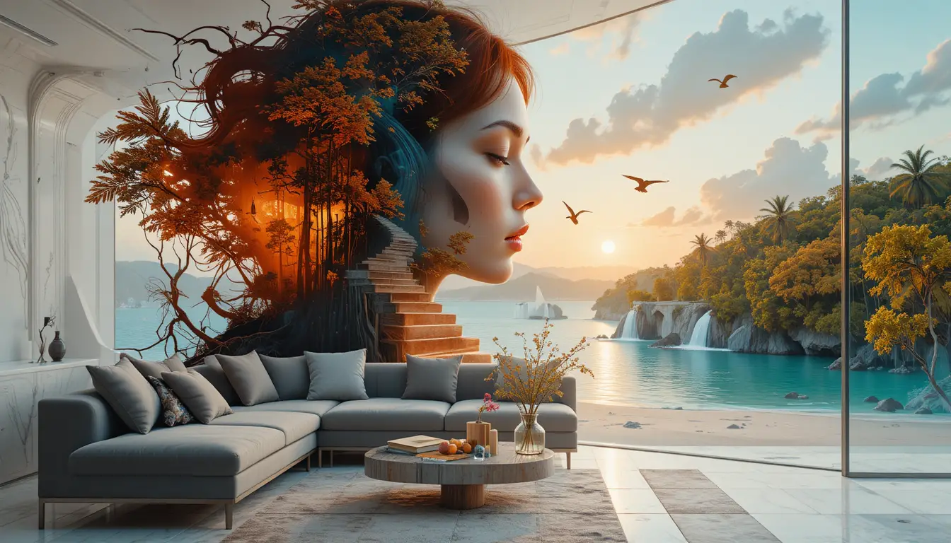 Surreal double exposure of woman and glowing forest sunset