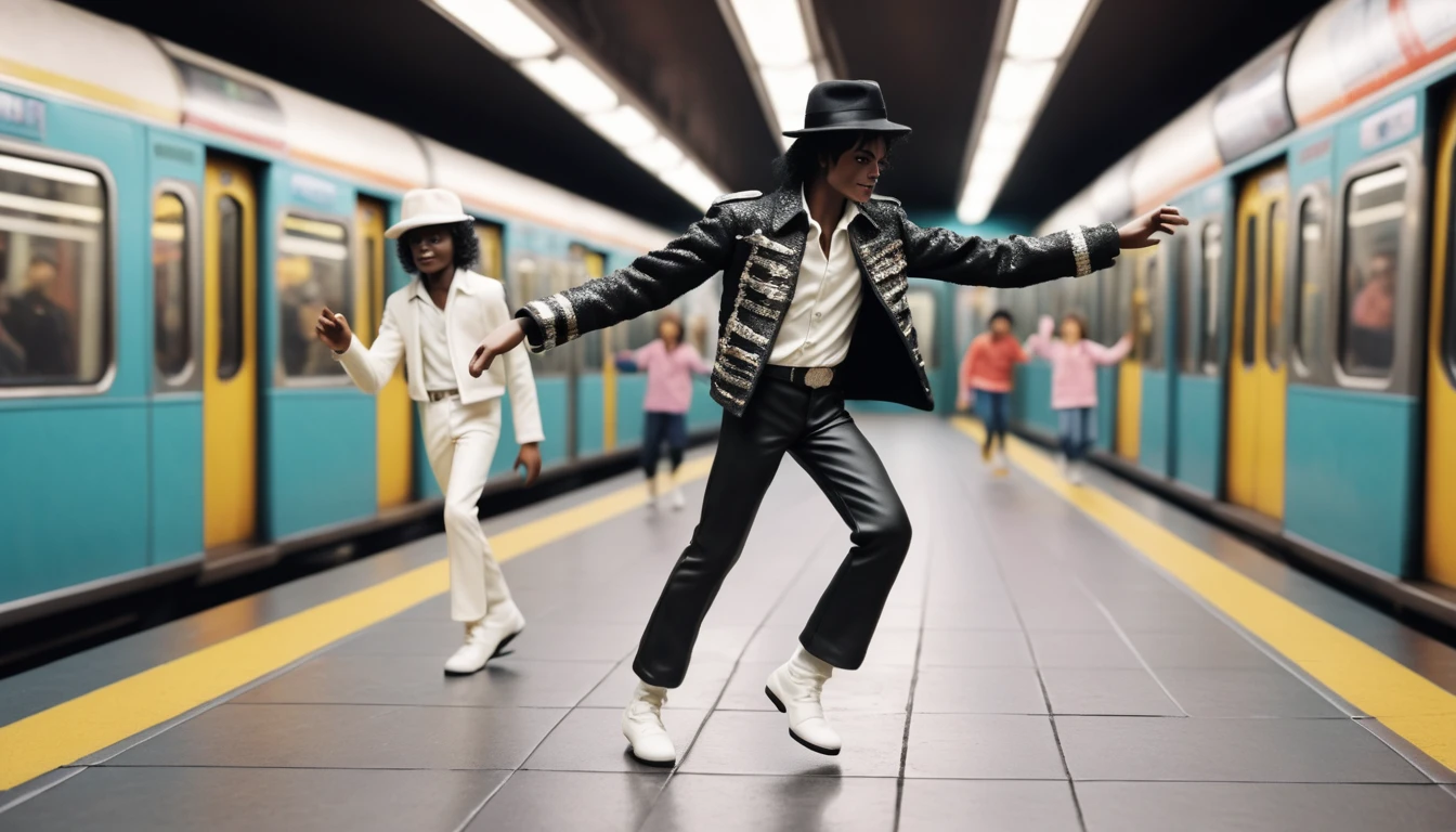 Claymation dancer performing a moonwalk in a quiet subway