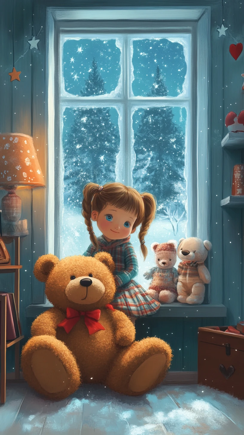 Joyful girl with teddy bear by a cozy window