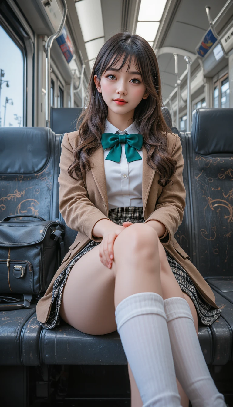 Japanese schoolgirl sitting on a train seat in uniform