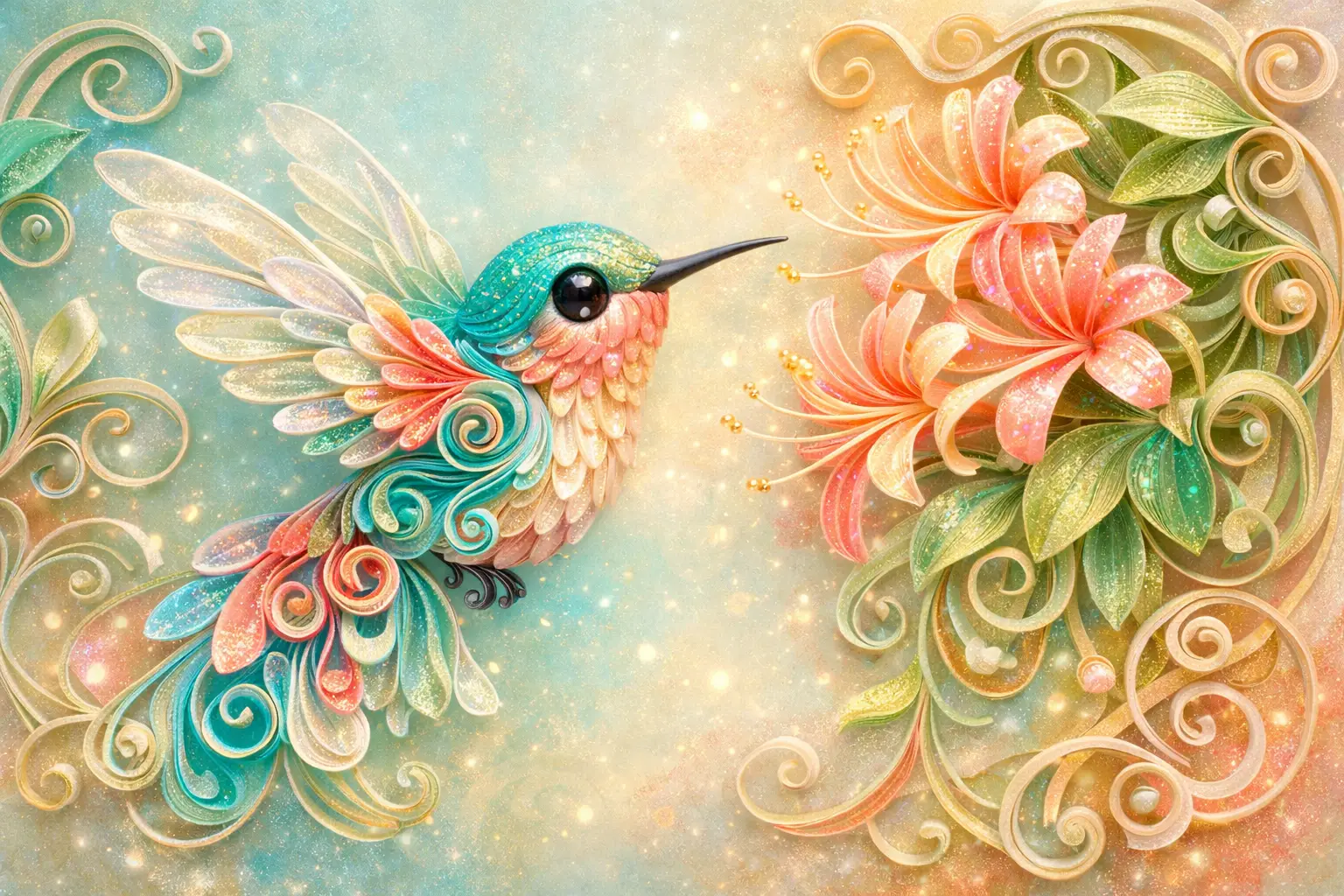 Colibrì fiabesco in quilling di carta con fiori di caprifoglio