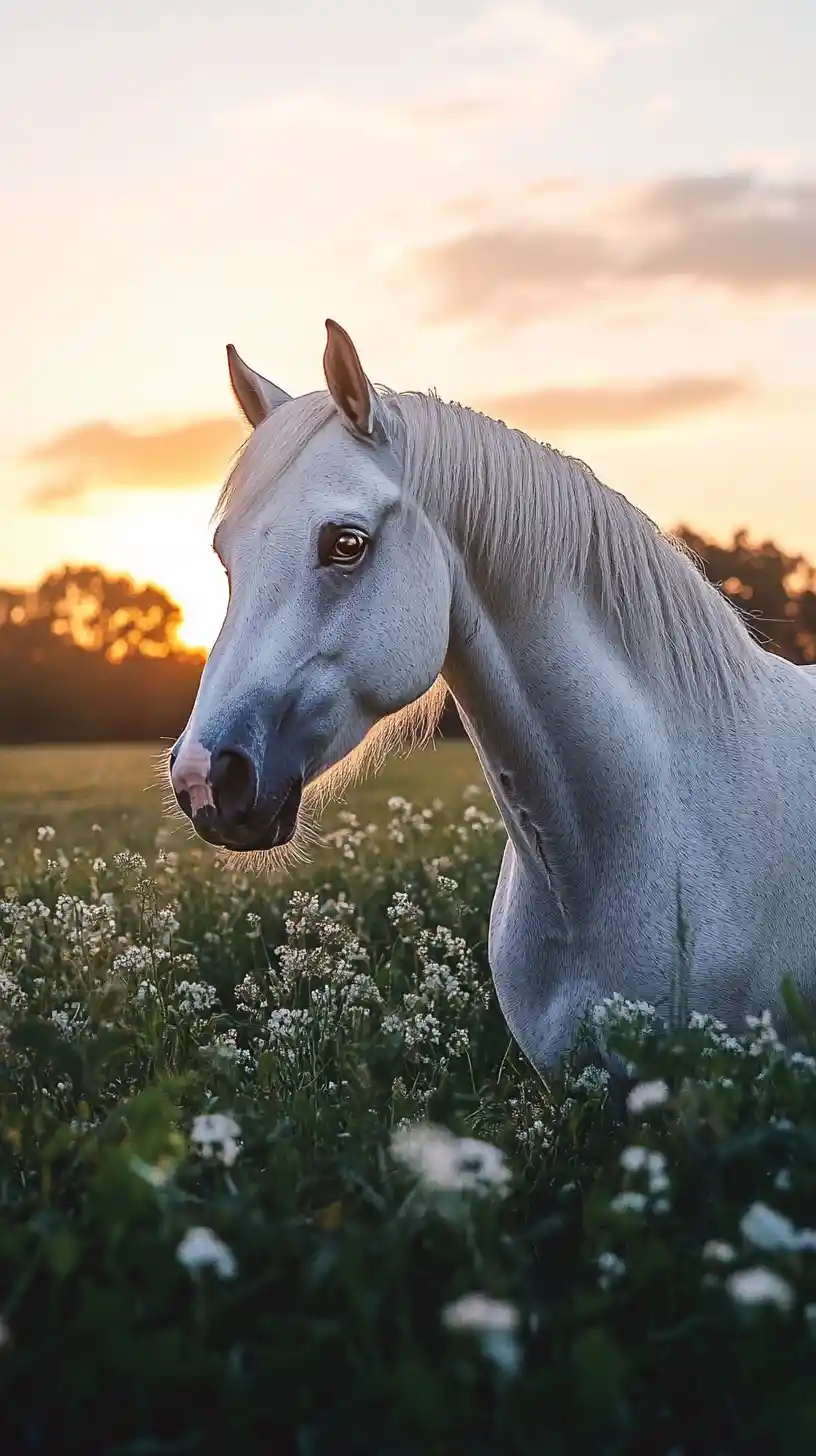 Caballo blanco de pie en un prado bañado por el sol a la hora dorada