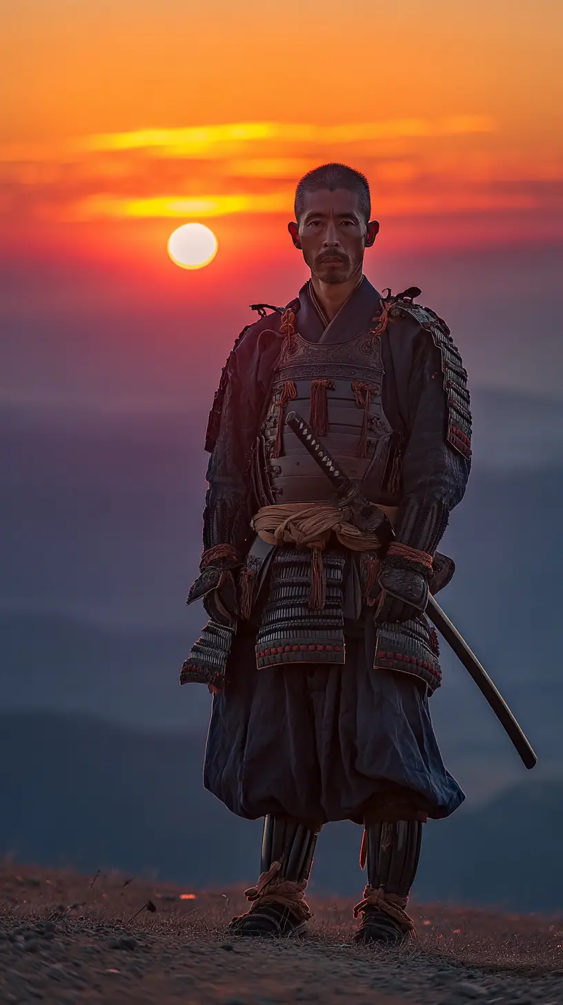 Samurai in armatura nera su una collina spazzata dal vento al tramonto