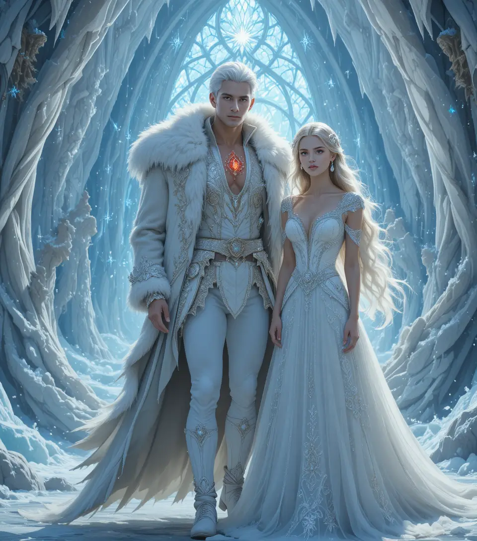 Giovane principe e principessa in un castello di cristallo di ghiaccio splendente