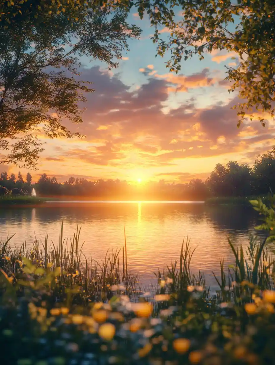 Serene sunset glowing over a peaceful reflective lake