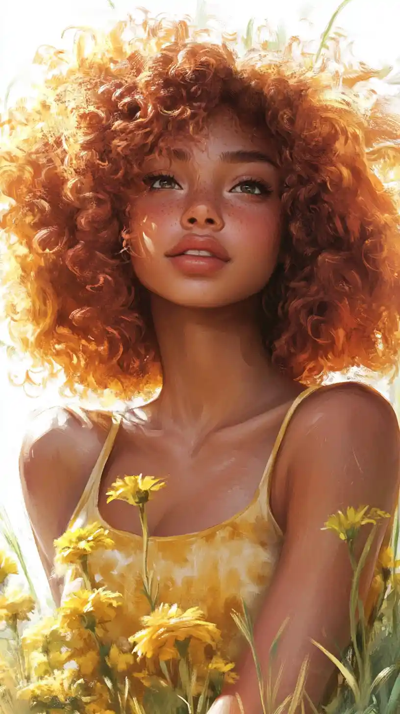 Smiling girl in yellow dress with flowers in sunny field