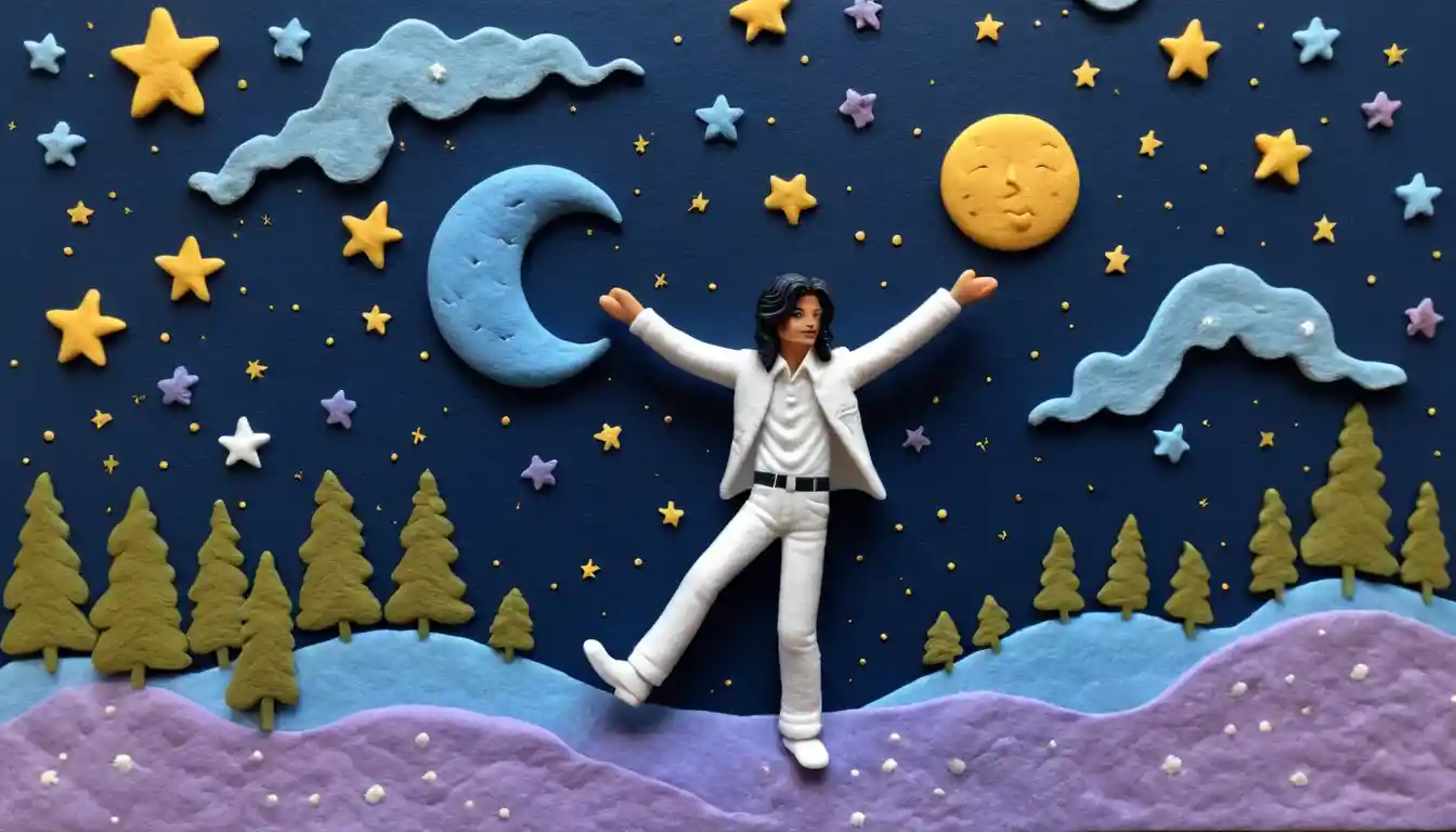 Clay figure dancing the moonwalk under a starry night sky