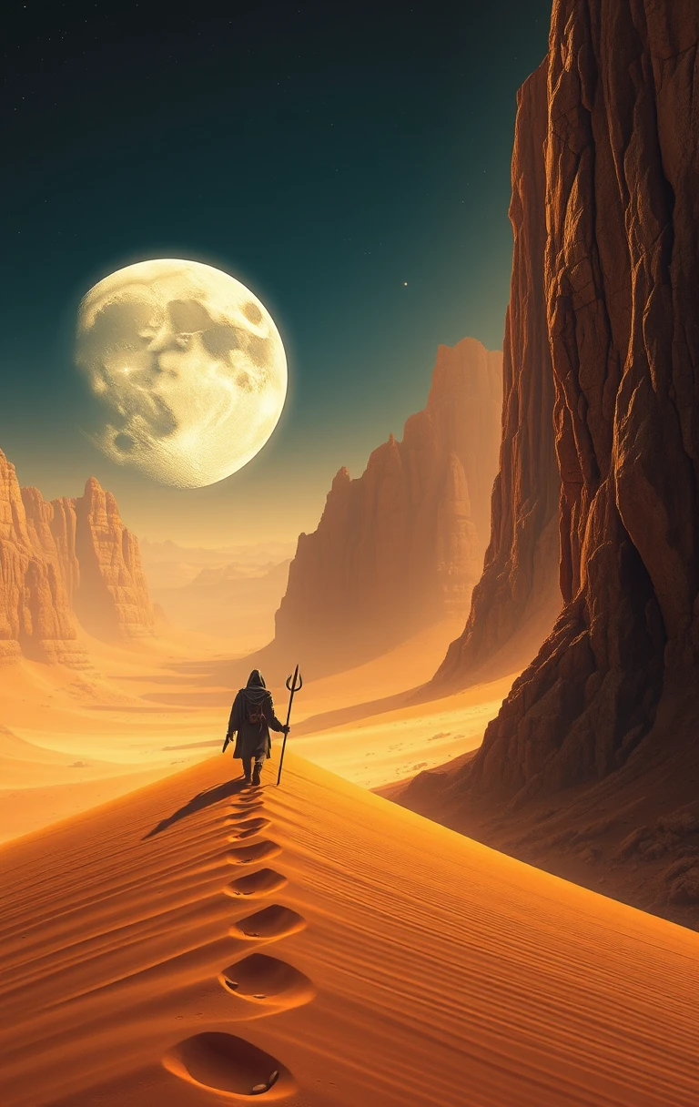 Lone traveler climbing a moonlit dune in vast desert
