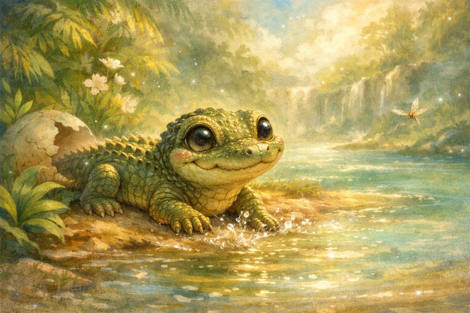 Baby crocodile resting on a sunny tropical riverbank
