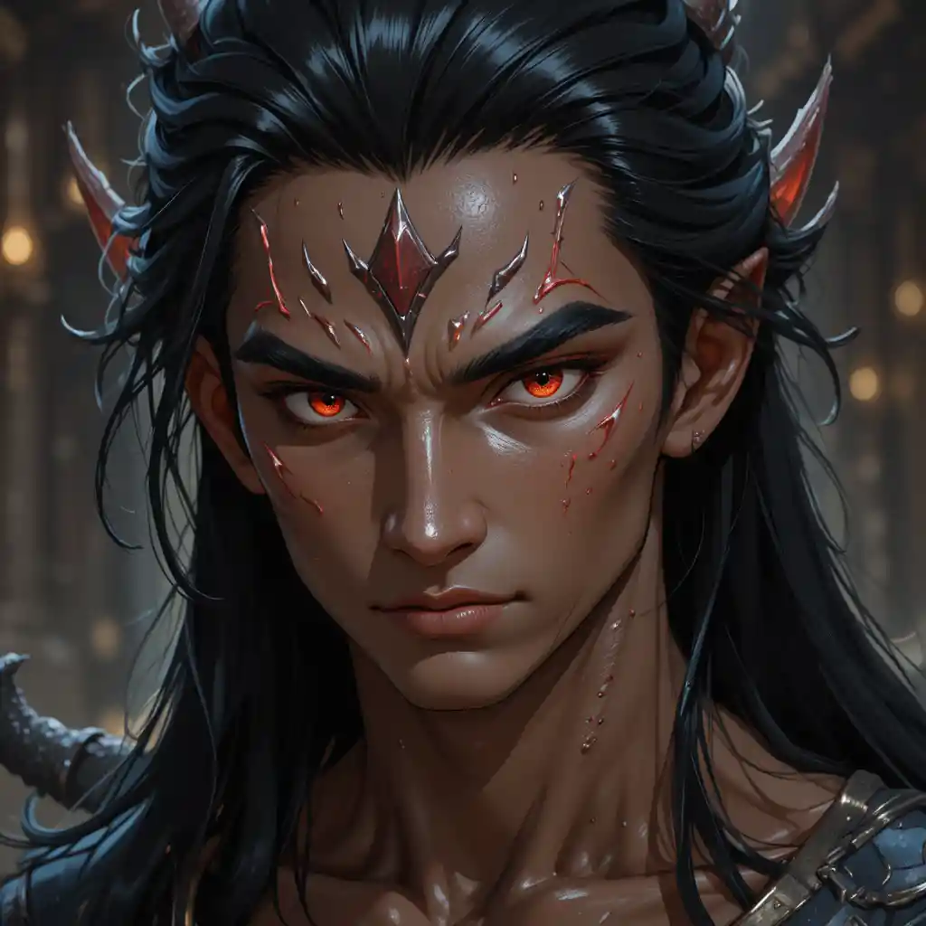 Fantasy dragon man with red eyes and black long hair