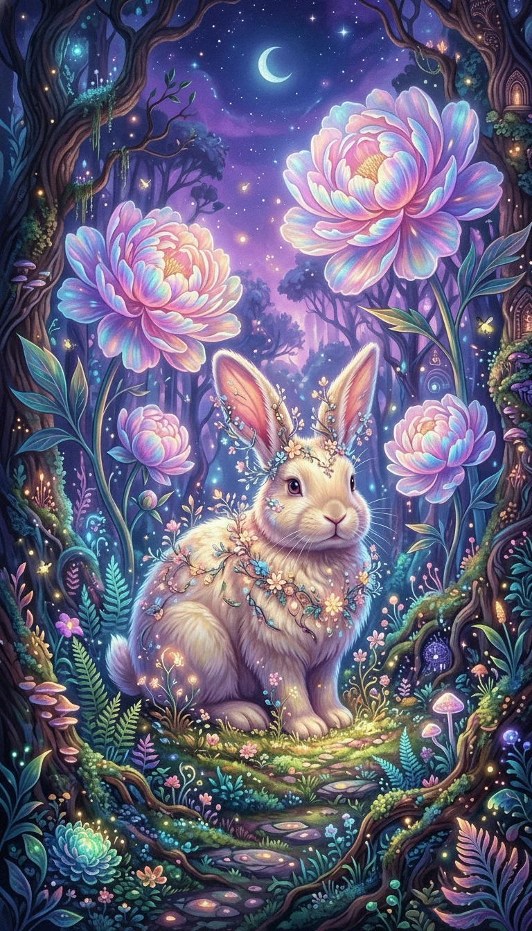 Bioluminescent forest clearing with gentle giant rabbit