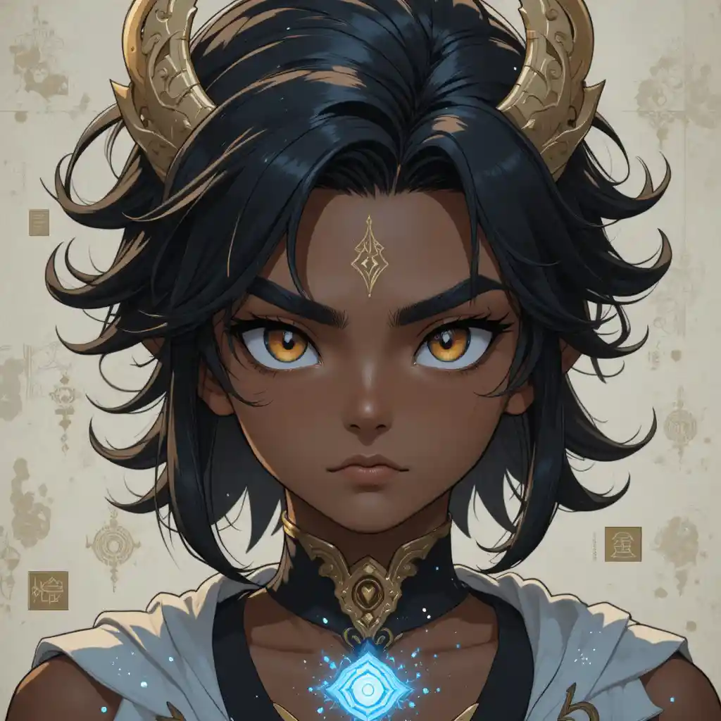 Young fantasy man with amber eyes and glowing forehead mark