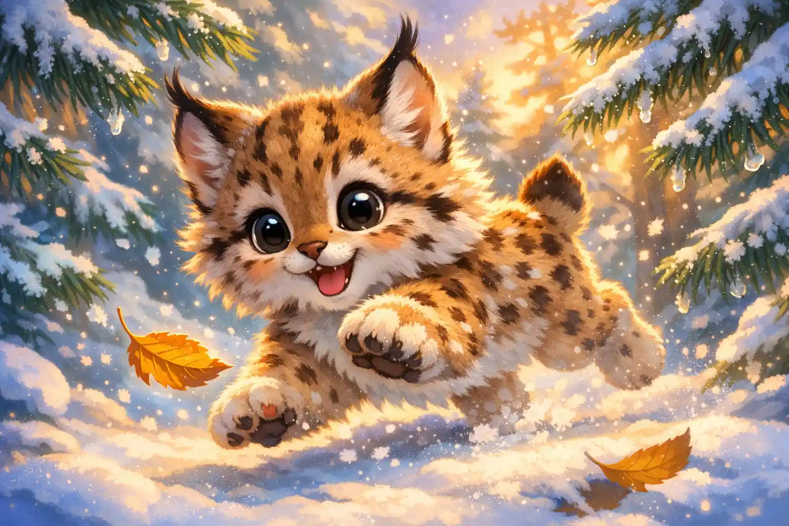 雪の中で葉っぱに飛びかかる遊び好きなオオヤマネコの子猫