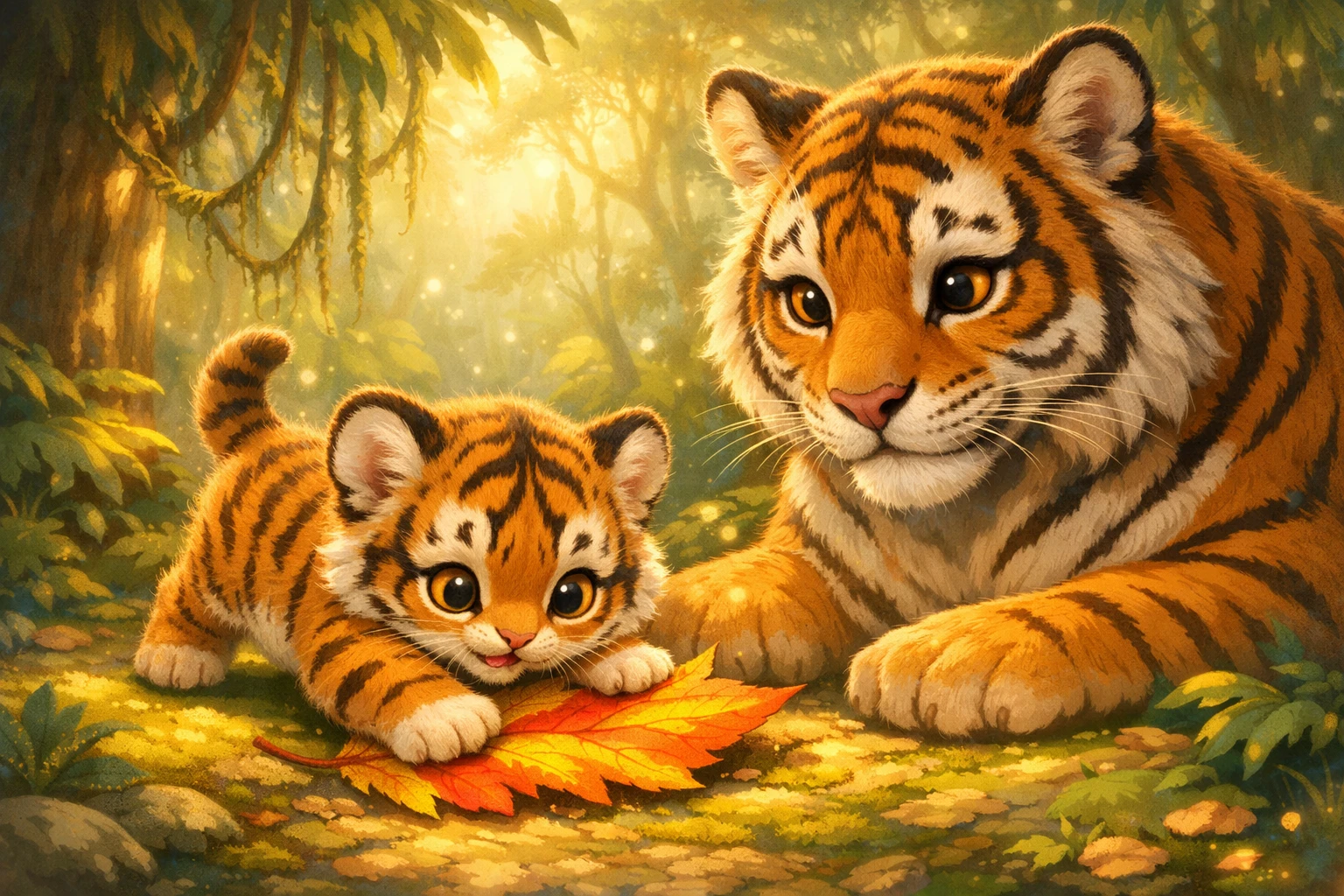 Baby tiger cub playing with a leaf in forest light