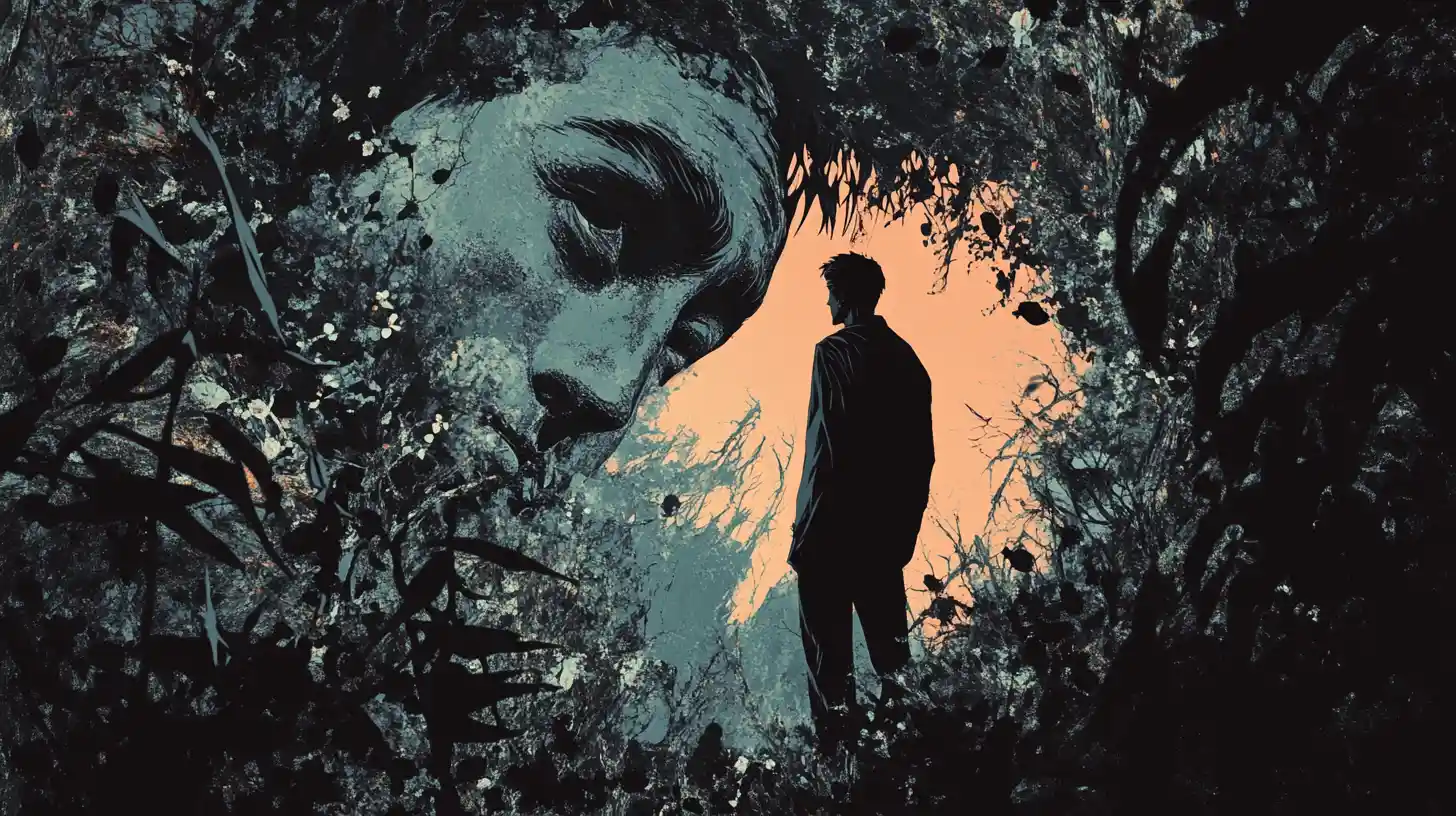 Surreal man in thorny abstract garden with emerging face