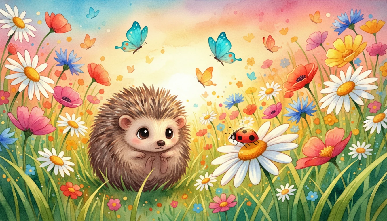 Curious hedgehog in wildflowers at sunset watercolor scene