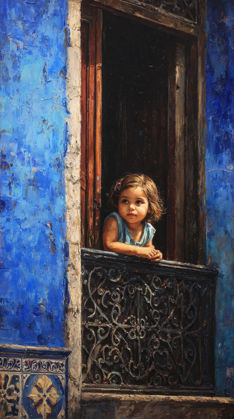 Child leaning from rustic window in oil painting portrait