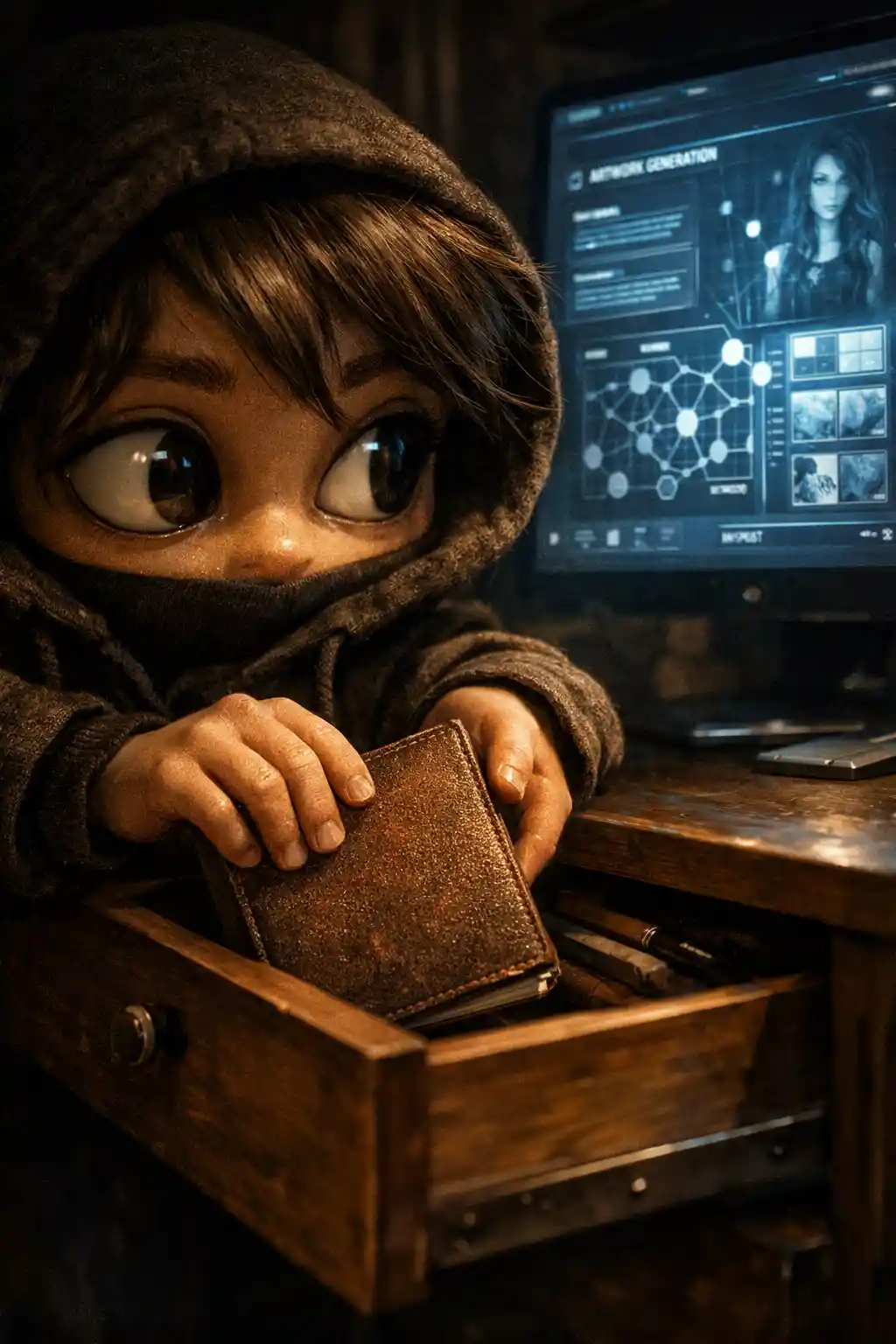 Man hiding a sketchbook beside a glowing computer screen