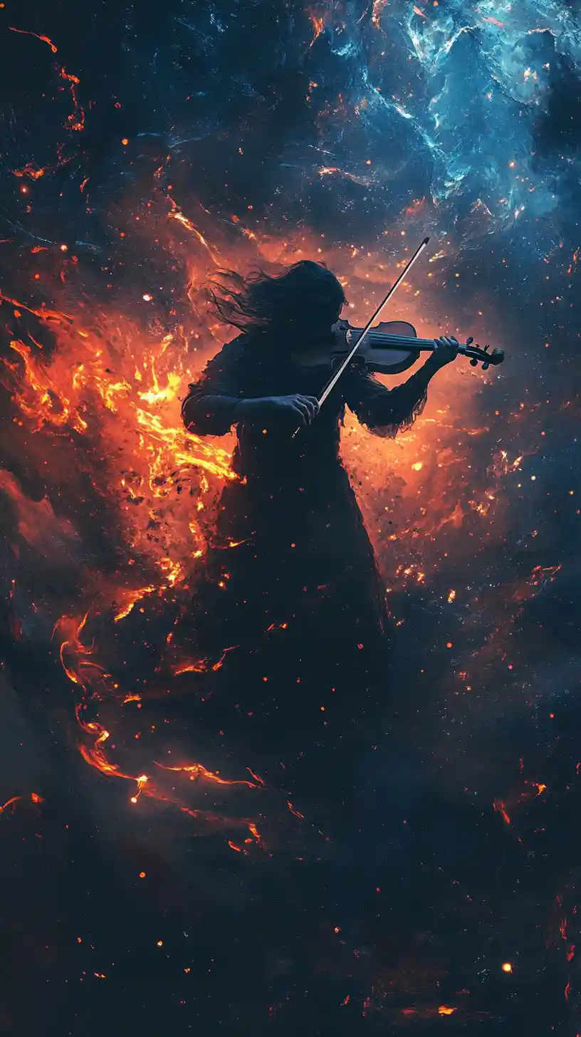 Violinista solitario en un vacío elemental en espiral de sombra y fuego