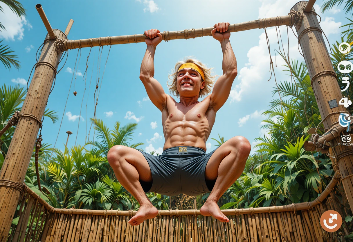 Young man training upside down on bamboo structure outdoors