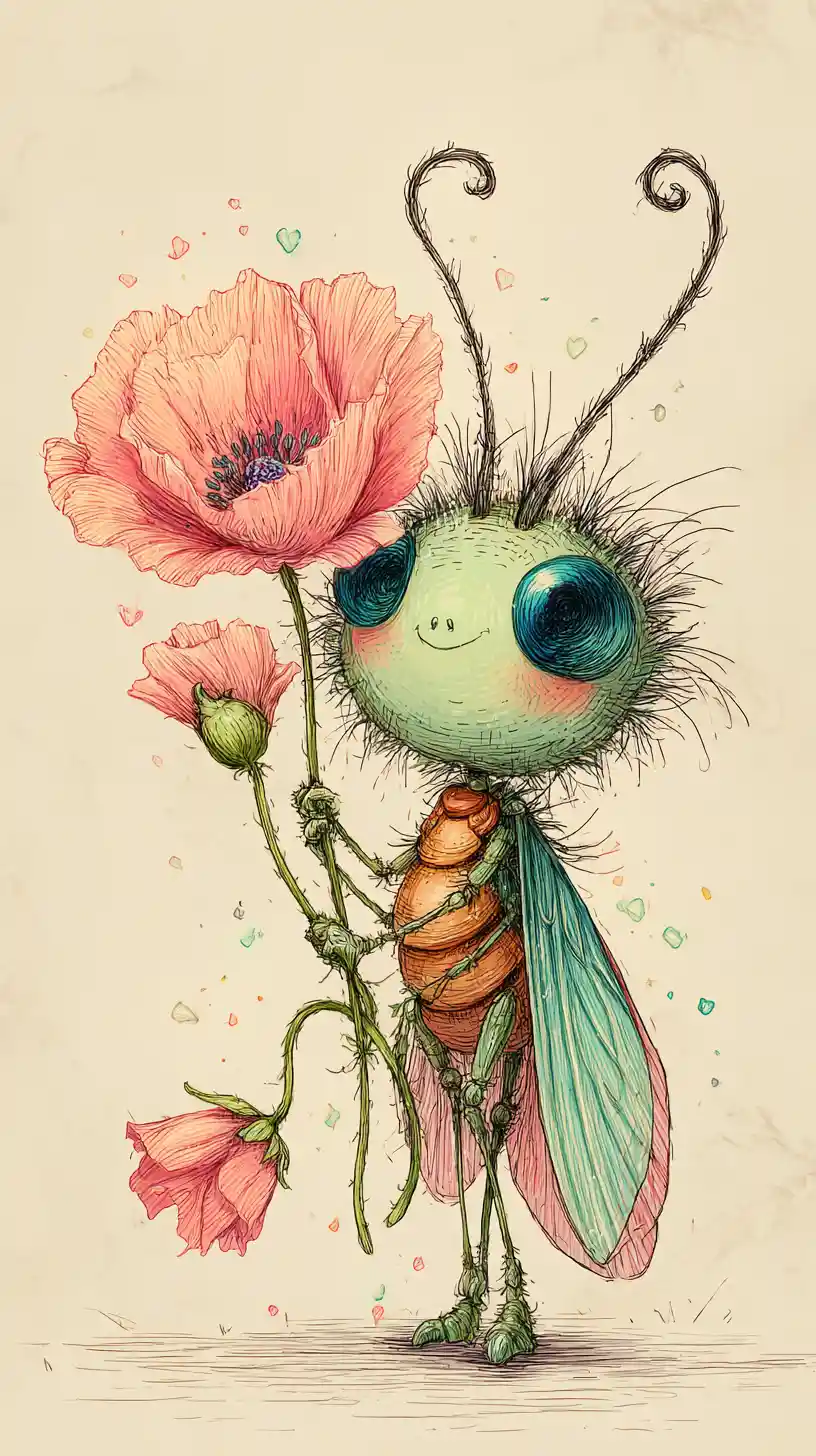 Verspielte Insektenfigur mit bunten Flügeln und Mohnblume