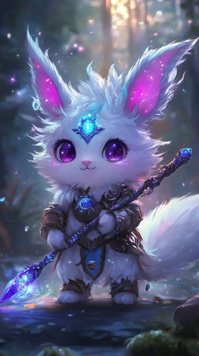 Cute armored fox like warrior in a glowing fantasy forest