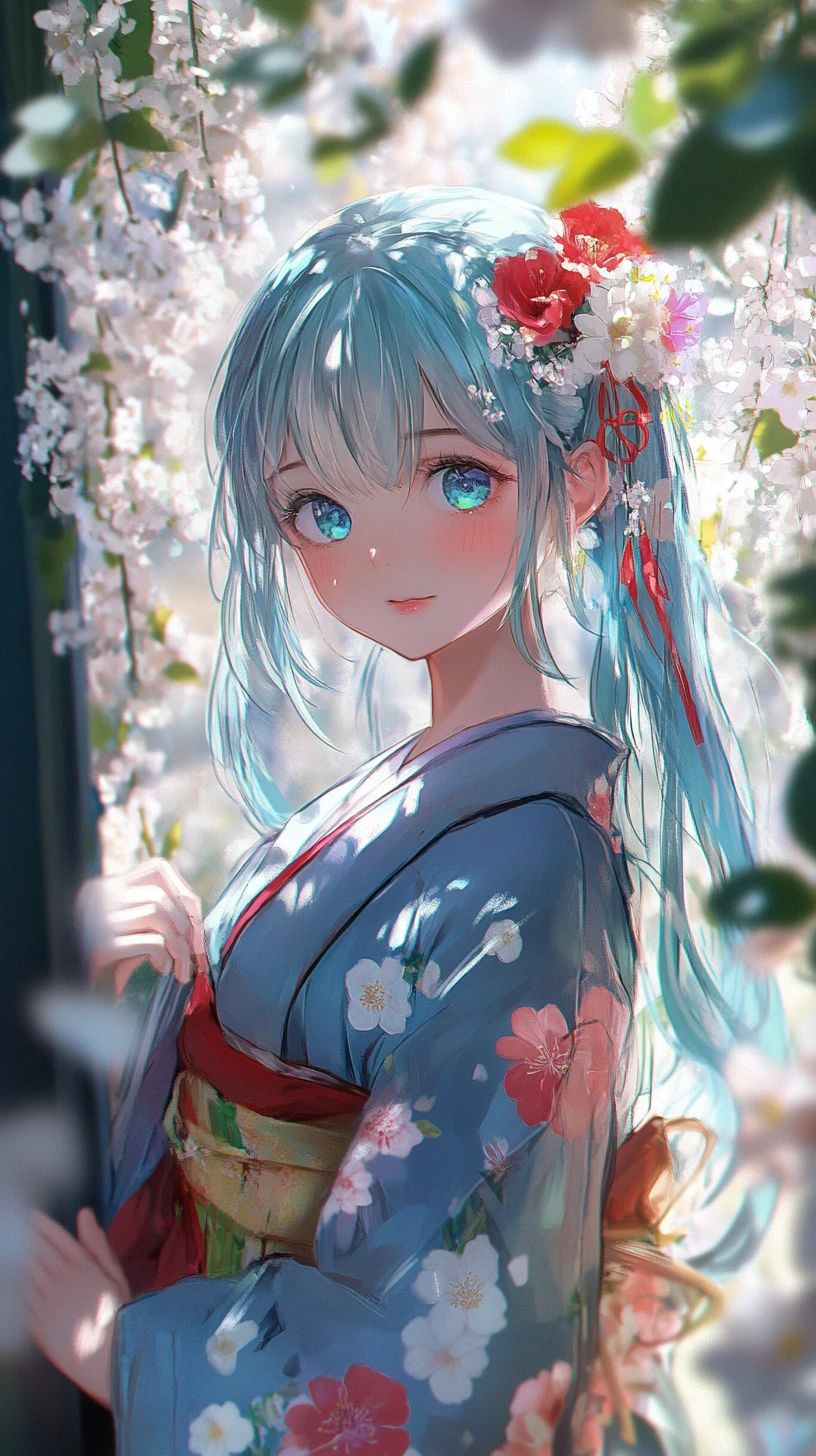 Blue haired anime girl in floral kimono holding flowers
